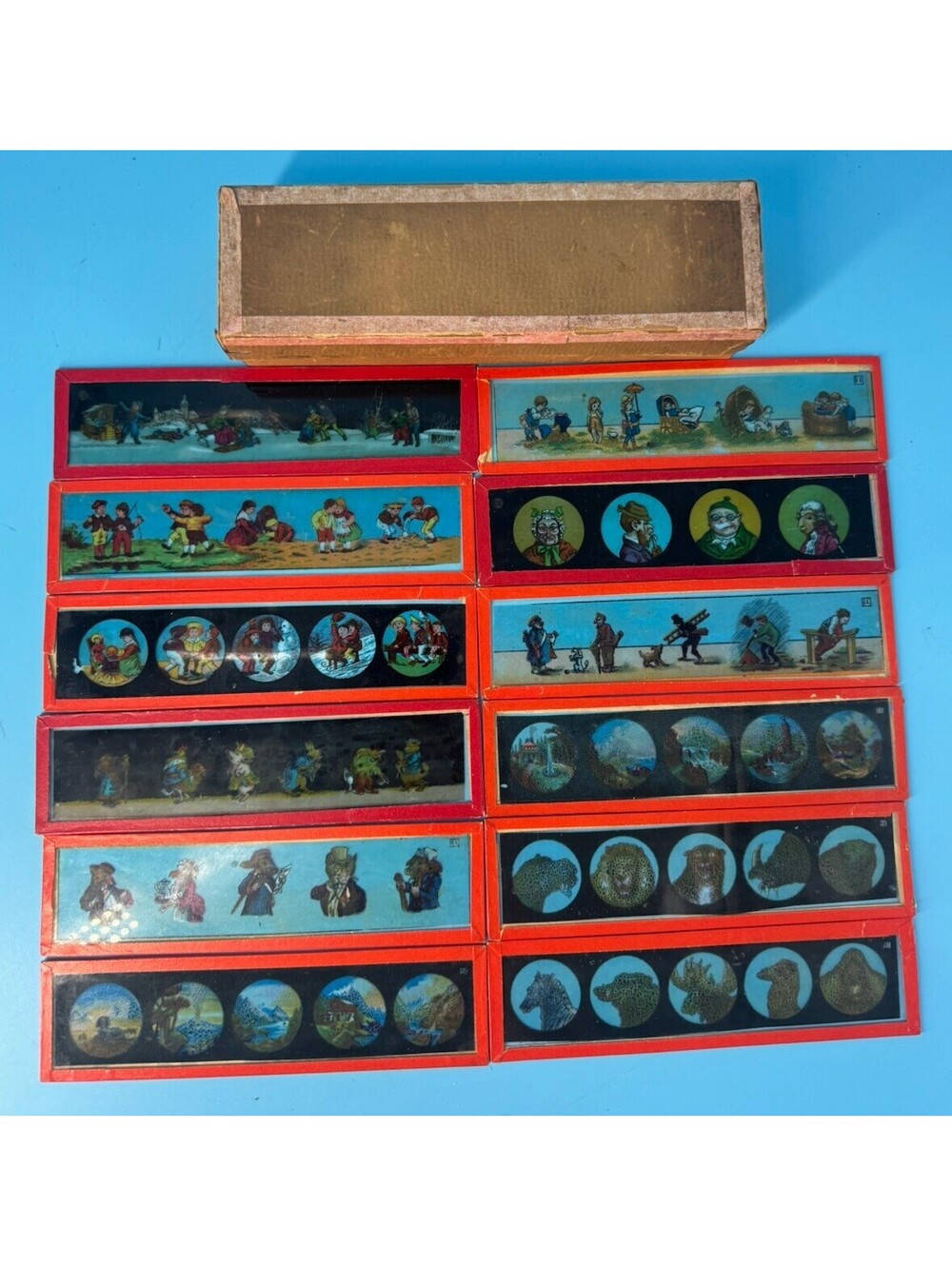 12 Antique Magic Lantern Glass Slides Hand Colored Comic Animals People Scenes